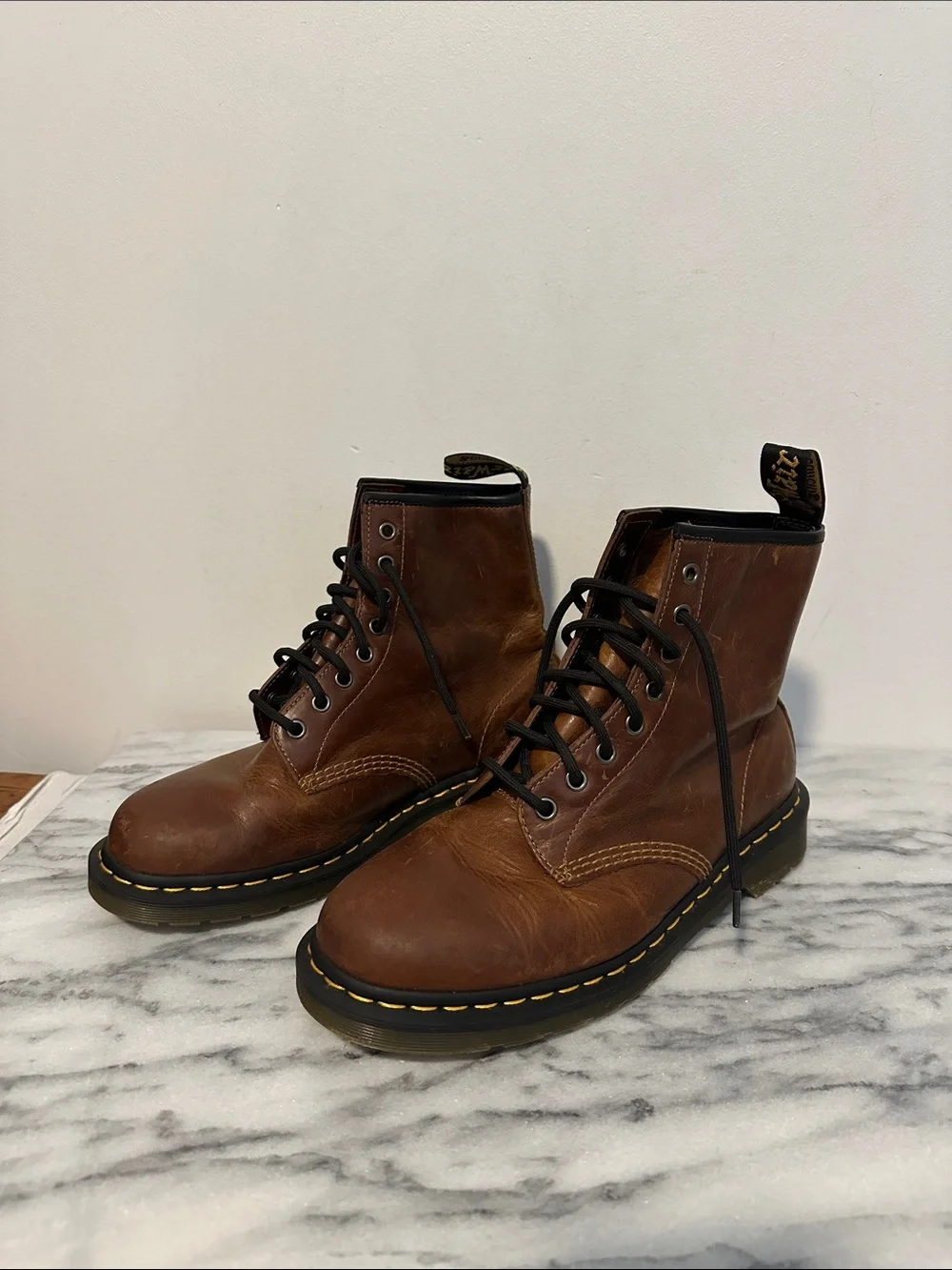 Dr. Martens Brown Leather 8-Eye Lace-Up Boots with Yellow Stitching size 9